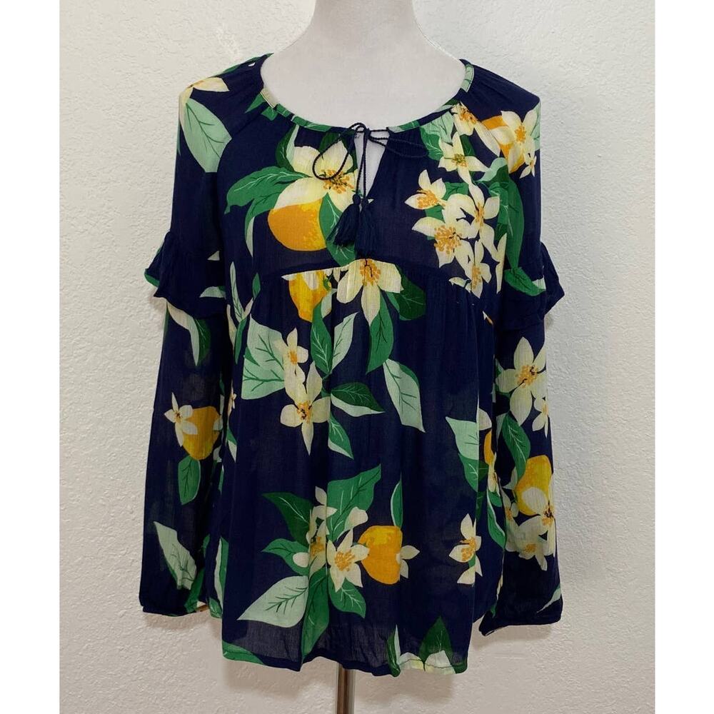 Old Navy M Blue Floral Tie Front Blouse Raglan Sleeve Cottage Core Boho Hippie